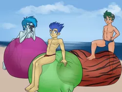 Size: 1024x768 | Tagged: suggestive, artist:demonstardust, derpibooru import, flash sentry, thunderbass, timber spruce, equestria girls, bare chest, beach, clothes, male, males only, partial nudity, speedo, swimsuit, thong swimsuit, topless, underwear