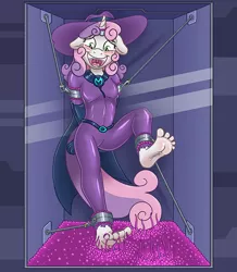 Size: 670x768 | Tagged: suggestive, alternate version, artist:caroo, derpibooru import, sweetie belle, anthro, plantigrade anthro, ankle cuffs, arm behind back, barefoot, blushing, bondage, bondage cuffs, bondage gear, cuffs, feet, foot fetish, horn ring, laughing, magic suppression, peril, remastered, solo, story included, sweetie do well, tickle torture, tickling