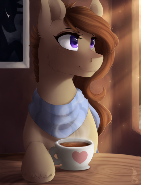 Size: 800x1050 | Tagged: safe, artist:silentwulv, derpibooru import, oc, oc:coffee bean, unofficial characters only, earth pony, pony, clothes, coffee, cup, female, looking at something, mare, picture, scarf, smiling, solo, sunlight