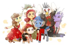 Size: 3236x2085 | Tagged: safe, artist:inverseskies, derpibooru import, oc, oc:banana split, oc:camille amil, oc:diamond crusher, oc:night tide, oc:obsidian rush, oc:pixie dust, unofficial characters only, dracony, earth pony, gryphon, hybrid, pony, unicorn, adopted offspring, christmas, female, interspecies offspring, male, mare, offspring, parent:cheese sandwich, parent:discord, parent:flash sentry, parent:fluttershy, parent:gilda, parent:pinkie pie, parent:rainbow dash, parent:rarity, parent:spike, parent:twilight sparkle, parent:unnamed oc, parents:canon x oc, parents:cheesepie, parents:discoshy, parents:flashlight, parents:sparity, simple background, stallion, white background