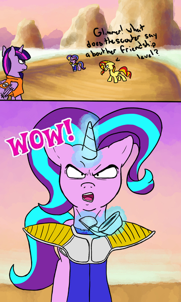 Size: 1000x1667 | Tagged: safe, artist:slamjam, derpibooru import, starlight glimmer, sunset shimmer, twilight sparkle, twilight sparkle (alicorn), alicorn, pony, dialogue, dragon ball z, floppy ears, levitation, looking at you, magic, meme, open mouth, over 9000, telekinesis, wow! glimmer