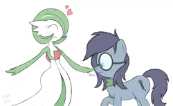 Size: 2322x1417 | Tagged: artist:manual-monaro, blushing, boop, clothes, crossover, derpibooru import, duo, eyes closed, gardevoir, glasses, happy, heart, nose wrinkle, oc, oc:aural harmony, onomatopoeia, pokémon, raised hoof, safe, scarf, scrunchy face, shocked, simple background, smiling, surprised, unofficial characters only, white background