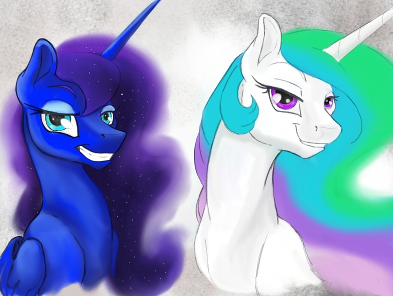 Size: 1049x790 | Tagged: safe, artist:firimil, derpibooru import, princess celestia, princess luna, pony, grin, smiling