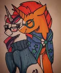 Size: 1024x1227 | Tagged: artist:whovian072200, blushing, dead source, derpibooru import, eyes closed, floppy ears, looking back, male, moondancer, nuzzling, raised hoof, safe, shipping, smiling, straight, sunburst, sundancer, traditional art