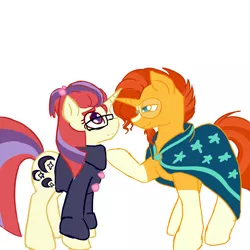 Size: 5000x5000 | Tagged: absurd resolution, alternate cutie mark, artist:muserkikki, derpibooru import, lidded eyes, looking at each other, male, moondancer, raised hoof, safe, shipping, simple background, smiling, straight, sunburst, sundancer, white background