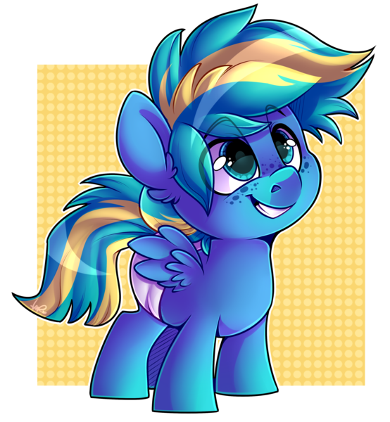 Size: 2957x3200 | Tagged: safe, artist:shyshyoctavia, derpibooru import, oc, oc:stormy dash, unofficial characters only, pegasus, pony, colt, cute, diaper, ear fluff, eye clipping through hair, eyebrows visible through hair, foal, freckles, high res, male, ocbetes, smiling, solo