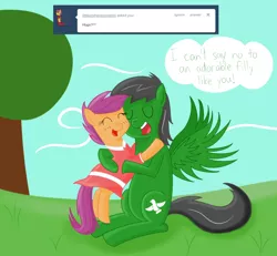 Size: 1280x1182 | Tagged: safe, artist:hummingway, derpibooru import, scootaloo, oc, oc:feather hummingway, pegasus, pony, ask-humming-way, canon x oc, clothes, hug, scootalove, sitting, tumblr