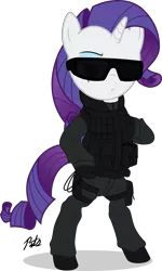 Size: 1929x3216 | Tagged: safe, artist:camo-pony, derpibooru import, rarity, pony, bipedal, clothes, pulse, rainbow six siege, simple background, solo, sunglasses, transparent background