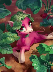 Size: 1980x2658 | Tagged: artist:holivi, derpibooru import, female, food, food pony, ladybug, mare, oc, original species, prone, radish, safe, snail, solo, unofficial characters only