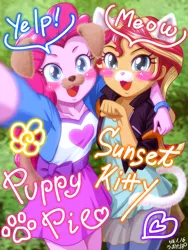 Size: 902x1200 | Tagged: safe, artist:uotapo, derpibooru import, pinkie pie, sunset shimmer, equestria girls, behaving like a cat, behaving like a dog, blushing, bracelet, cat ears, clothes, cute, diapinkes, dog ears, duo, duo female, female, hnnng, jacket, jewelry, moe, nyanset shimmer, open mouth, puppy pie, selfie, shimmerbetes, skirt, smiling, snapchat, snapchat filter