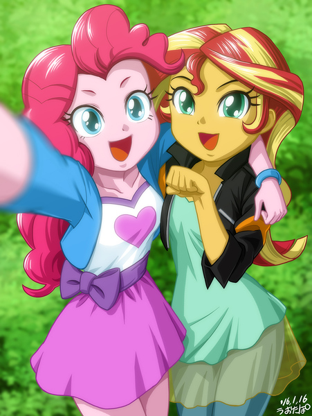 Size: 902x1200 | Tagged: safe, artist:uotapo, derpibooru import, pinkie pie, sunset shimmer, equestria girls, bracelet, clothes, cute, diapinkes, duo, duo female, female, happy, humans doing horse things, jacket, jewelry, looking at you, moe, open mouth, selfie, shimmerbetes, signature, skirt, smiling, uotapo is trying to murder us