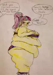 Size: 1297x1820 | Tagged: artist needed, suggestive, derpibooru import, sour sweet, equestria girls, angry, bbw, blushing, breasts, busty sour sweet, dialogue, fat, fat boobs, female, implied indigo zap, morbidly obese, obese, offscreen character, rolls of fat, solo, solo female, sour slob, ssbbw, traditional art, vulgar