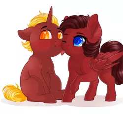 Size: 2834x2638 | Tagged: safe, artist:schokocream, derpibooru import, oc, oc:firebrand, oc:ink rose, unofficial characters only, pegasus, pony, unicorn, blushing, colt, female, filly, heart eyes, licking, male, oc x oc, shipping, simple background, tongue out, white background, wingding eyes