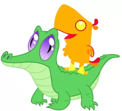 Size: 786x717 | Tagged: alligator, artist:red4567, baby phoenix, cute, derpibooru import, duo, gummy, peewee, peeweebetes, pets riding pets, phoenix, phoenix chick, ride, rider, riding, safe, simple background, white background