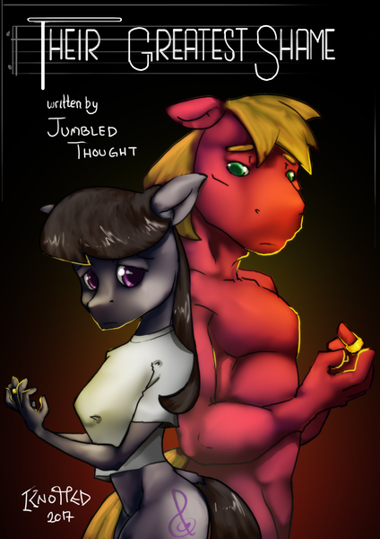 Size: 2480x3508 | Tagged: anthro, artist:clopplots, big macintosh, cover art, derpibooru import, fanfic:their greatest shame, implied adultery, mactavia, male, octavia melody, questionable, shipping, straight
