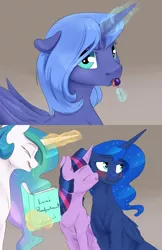 Size: 1280x1978 | Tagged: safe, artist:silfoe, derpibooru import, princess celestia, princess luna, twilight sparkle, twilight sparkle (alicorn), alicorn, pony, royal sketchbook, blushing, book, candy, cute, eyes closed, female, filly, floppy ears, food, frown, kiss on the cheek, kissing, laughing, lesbian, licking, lollipop, looking at you, lunabetes, magic, pouting, scrapbook, shipping, silfoe is trying to murder us, smiling, telekinesis, tongue out, twiluna, woona, younger