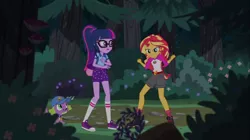 Size: 1100x618 | Tagged: safe, derpibooru import, screencap, sci-twi, spike, spike the regular dog, sunset shimmer, twilight sparkle, dog, equestria girls, legend of everfree, backpack, boots, cap, clothes, converse, fist, forest, hat, shoes, shorts, sneakers, socks