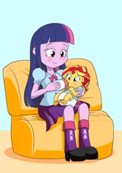 Size: 883x1248 | Tagged: safe, artist:artiecanvas, derpibooru import, sunset shimmer, twilight sparkle, equestria girls, age regression, artiecanvas is trying to murder us, baby, baby bottle, babyset shimmer, boots, bottle feeding, clothes, couch, cute, diaper, high heel boots, leg warmers, mama twilight, pleated skirt, poofy diaper, shoes, skirt, younger