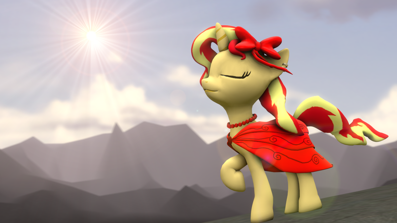 Size: 1280x720 | Tagged: safe, artist:fd-daylight, derpibooru import, sunset shimmer, pony, equestria girls, 3d, alternate hairstyle, clothes, crepuscular rays, scenery, solo, source filmmaker, sun