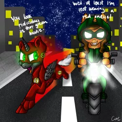 Size: 900x900 | Tagged: safe, artist:meownimator, derpibooru import, oc, oc:cat, oc:shade shiftshadow, unofficial characters only, alicorn, pony, alicorn oc, city, cityscape, crossover, flash, glowing eyes, green arrow, motorcycle, running, superhero