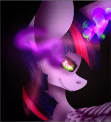 Size: 375x415 | Tagged: safe, artist:fizzy2014, derpibooru import, twilight sparkle, twilight sparkle (alicorn), alicorn, pony, bust, dark magic, huge ears, impossibly large ears, magic, portrait, solo, sombra eyes