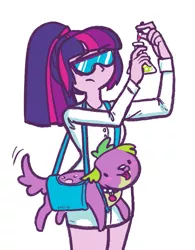 Size: 679x869 | Tagged: safe, artist:mcponyponypony, derpibooru import, sci-twi, spike, spike the regular dog, twilight sparkle, dog, equestria girls, clothes, dropper, goggles, lab coat, purse, science, simple background, white background