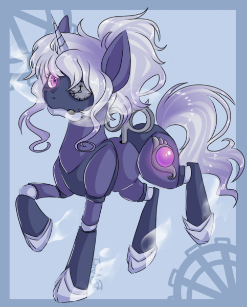 Size: 768x955 | Tagged: safe, artist:whitenoiseghost, derpibooru import, oc, unofficial characters only, pony, robot, robot pony, glowing eyes, solo, steamling, steampunk