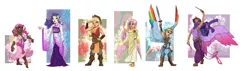 Size: 4600x1300 | Tagged: absurd resolution, applejack, armor, armpits, artist:joan-grace, barefoot, boots, bracelet, butterfly, clothes, colored wings, colored wingtips, dark skin, derpibooru import, dress, ear piercing, earring, element of magic, elf ears, feet, flexing, fluttershy, glare, gypsy pie, human, humanized, jewelry, kimono (clothing), lipstick, magic wand, mane six, muscles, piercing, pinkie pie, rainbow dash, rarity, safe, smiling, smirk, spread wings, sword, tiara, toga, twilight sparkle, twilight sparkle (alicorn), unicorns as elves, wand, weapon, winged humanization, wings