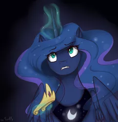 Size: 600x620 | Tagged: safe, artist:tavifly, derpibooru import, princess luna, concerned, crown, fear, implied princess celestia, jewelry, magic, regalia, solo, telekinesis