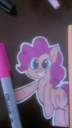 Size: 1840x3264 | Tagged: safe, artist:davierocket, derpibooru import, pinkie pie, earth pony, pony, craft, female, grin, irl, mare, marker, marker drawing, paper child, papercraft, photo, smiling, solo, table, traditional art