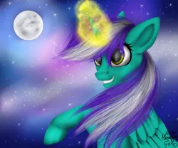 Size: 1024x853 | Tagged: safe, artist:starmoonlightfox, derpibooru import, oc, unofficial characters only, alicorn, pony, alicorn oc, female, glowing horn, mare, moon, night, night sky, solo