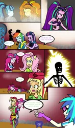 Size: 2986x5082 | Tagged: safe, artist:deannaphantom13, derpibooru import, adagio dazzle, applejack, aria blaze, fluttershy, pinkie pie, sonata dusk, twilight sparkle, vinyl scratch, comic:equestrian city, equestria girls, rainbow rocks, absurd resolution, bone, clothes, comic, death, disintegration, electrocution, female, ponied up, skeleton