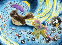 Size: 800x580 | Tagged: safe, artist:invalid-david, derpibooru import, fluttershy, pegasus, pony, cloud, cloudy, crossover, female, flying, leaves, mare, moon, moonlight, my neighbor totoro, night, painting, soot sprite, studio ghibli, totoro, traditional art, umbrella, watercolor painting