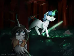 Size: 6666x5000 | Tagged: safe, artist:scarlett-letter, derpibooru import, oc, oc:blame shield, oc:scarlett letter, unofficial characters only, alicorn, pony, unicorn, absurd resolution, alicorn oc, forest, hiding, magic, scenery, signature, tree, weapon