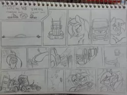 Size: 850x637 | Tagged: blood, broken horn, bumper cars, crash, death, derpibooru import, duel, grimdark, impalement, korean, man tgx, monochrome, peterbilt 389, semi truck, sketch, starlight glimmer, truck, twilight sparkle, wat, wip