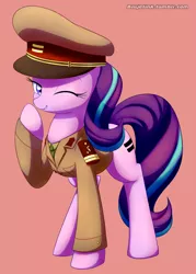 Size: 714x1000 | Tagged: safe, artist:acersiii, derpibooru import, starlight glimmer, pony, unicorn, clothes, communism, cute, female, glimmerbetes, hat, looking at you, mare, one eye closed, raised hoof, red background, simple background, smiling, solo, stalin glimmer, the great dictator, uniform, wink