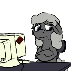 Size: 600x600 | Tagged: safe, derpibooru import, oc, oc:nadine, unofficial characters only, earth pony, pony, series:entrapment, adult, color, computer, cutie mark, disappointed, experimental cyoa, female, floppy ears, keyboard, knife, mare, reaction, solo