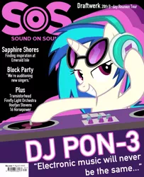 Size: 1297x1600 | Tagged: safe, artist:hfbn2, artist:metafour, derpibooru import, vinyl scratch, pony, unicorn, fanfic, fanfic art, fanfic cover, female, glasses, headphones, hooves, horn, looking at you, magazine cover, mare, smiling, solo, sunglasses, teeth, text, turntable, vector