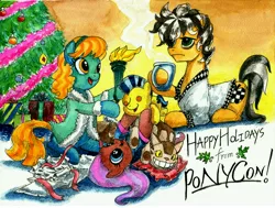 Size: 7128x5400 | Tagged: safe, artist:invalid-david, derpibooru import, oc, oc:bowtie, oc:cabbie, oc:liberty, oc:sans serif, unofficial characters only, absurd resolution, bathrobe, bed hair, christmas, christmas morning, christmas tree, clothes, crossover, happy holidays, holiday, my neighbor totoro, painting, ponycon, present, robe, totoro, traditional art, tree, watercolor painting