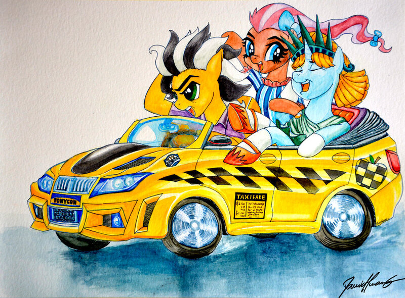 Size: 900x664 | Tagged: artist:invalid-david, bmw, car, derpibooru import, driving, oc, oc:bowtie, oc:cabbie, oc:liberty, painting, ponycon, ponycon nyc, safe, taxi, taxi driver, traditional art, unofficial characters only, watercolor painting