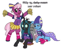 Size: 1280x1033 | Tagged: safe, artist:mkogwheel, derpibooru import, cheerilee, queen chrysalis, trixie, pony, unicorn, 4chan, 4chan cup, buried, cheerileeder, cheerleader, cheeselegs, depressed, drunk, female, giddy up, gravestone, helmet, mare, resurrection, simple background, suicide trixie, surprised, transparent background