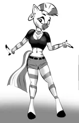 Size: 730x1128 | Tagged: anthro, artist:ltrm35a2, belly button, big breasts, black and white, bracelet, breasts, cleavage, clothes, derpibooru import, ear piercing, earring, female, grayscale, jewelry, midriff, monochrome, necklace, open mouth, piercing, shirt, shorts, simple background, smiling, solo, solo female, suggestive, unguligrade anthro, white background, zebra, zecora