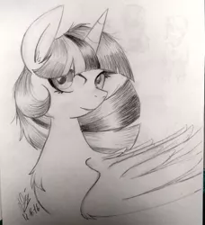 Size: 2891x3176 | Tagged: safe, artist:daisy-dictator, derpibooru import, twilight sparkle, twilight sparkle (alicorn), alicorn, pony, black and white, chest fluff, grayscale, monochrome, solo, traditional art