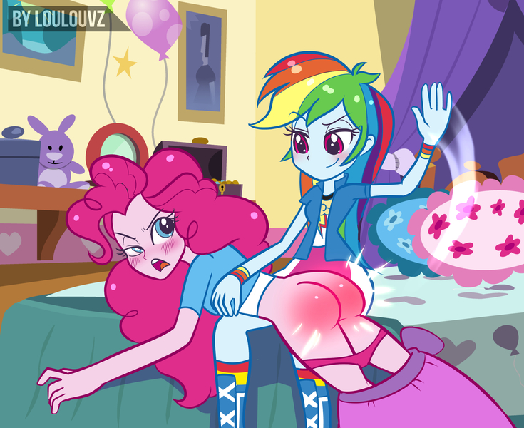 Size: 2316x1890 | Tagged: questionable, artist:loulouvz, derpibooru import, pinkie pie, rainbow dash, equestria girls, abuse, ass, balloonbutt, bedroom, blushing, butt, clothes, discipline, embarrassed, embarrassed underwear exposure, female, females only, panties, panties pulled down, pink underwear, pinkiebuse, punishment, red butt, reddened butt, skirt, spank mark, spanked, spanking, underwear