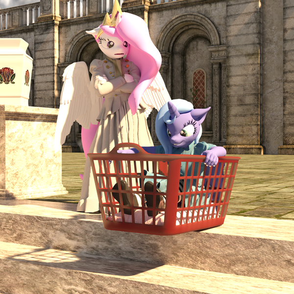 Size: 2000x2000 | Tagged: safe, artist:tahublade7, derpibooru import, princess celestia, princess luna, alicorn, anthro, plantigrade anthro, 3d, bad idea, basket, cewestia, clothes, cravat, cute, daz studio, dress, gown, image, laundry basket, pillow, pink-mane celestia, png, shoes, socks, striped socks, this will end in pain, this will end in tears, woona, young, younger