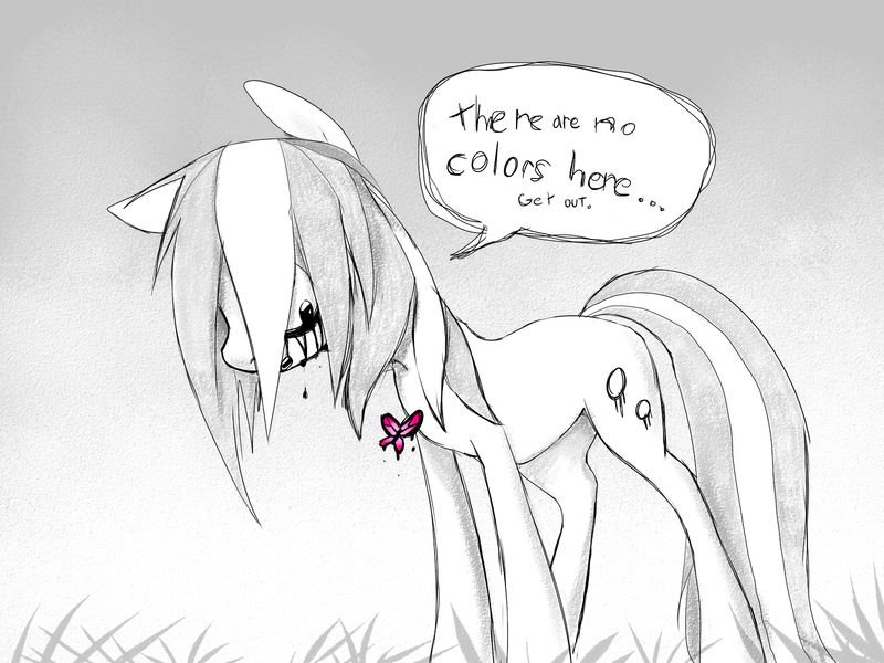 Size: 1600x1200 | Tagged: safe, artist:imalou, derpibooru import, oc, oc:creep hurt, unofficial characters only, butterfly, pony, crying, monochrome, neo noir, partial color, sad, solo