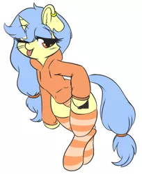 Size: 1280x1566 | Tagged: suggestive, artist:wickedsilly, derpibooru import, oc, oc:viewing pleasure, unofficial characters only, pony, unicorn, :p, bipedal, clothes, ear piercing, earring, hoodie, jewelry, orange underwear, panties, piercing, simple background, socks, solo, striped socks, striped underwear, sweater, tongue out, underwear, white background