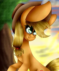 Size: 1024x1229 | Tagged: safe, artist:fizzy2014, derpibooru import, applejack, pony, anatomically incorrect, impossibly large ears, solo, sunrise, tree