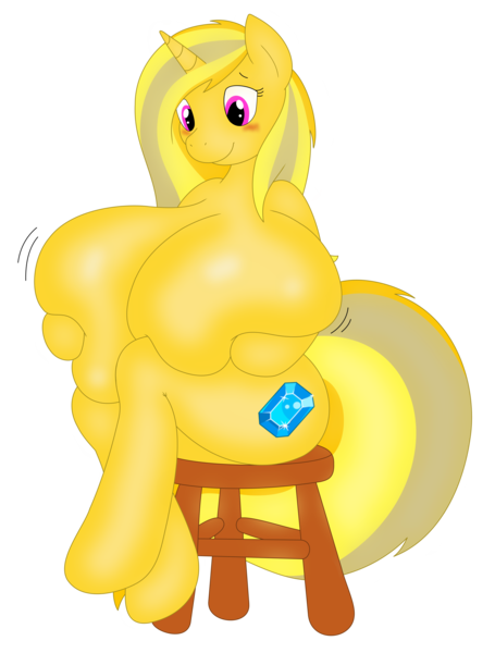 Size: 3600x4750 | Tagged: absurd resolution, anthro, arm hooves, artist:allrights, artist:notyobizz, big breasts, breast expansion, breasts, color, derpibooru import, featureless breasts, female, growth, huge breasts, impossibly large breasts, oc, oc:golden shine, questionable, simple background, sitting, solo, solo female, stool, transparent background, unofficial characters only