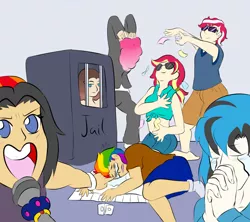 Size: 1500x1333 | Tagged: artist:jolliapplegirl, cardboard prison, derpibooru import, draw the squad, human, humanized, meme, monopoly, next generation, oc, oc:chocolate cheesecake, oc:epic rhyme, oc:finesse, oc:parfait, oc:serenade, oc:sweet deal, oc:tranquil spring, offspring, parent:applejack, parent:cheese sandwich, parent:flam, parent:flim, parent:neon lights, parent:photo finish, parent:pinkie pie, parent:quibble pants, parent:rainbow dash, parents:cheesepie, parents:flamfinish, parents:flimjack, parents:quibbledash, parents:vinylights, parent:vinyl scratch, safe, unofficial characters only